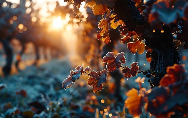 Mañanas de invierno en campos y viñedos con el sol surgiendo de sus cenizas