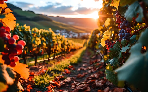 Mañanas de invierno en campos y viñedos con el sol surgiendo de sus cenizas