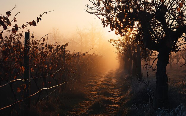 Mañanas de invierno en campos y viñedos con el sol surgiendo de sus cenizas