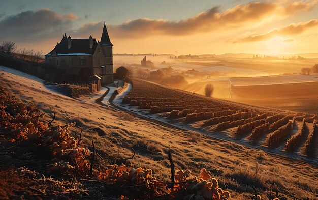 Mañanas de invierno en campos y viñedos con el sol surgiendo de sus cenizas