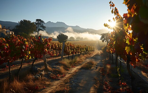 Mañanas de invierno en campos y viñedos con el sol surgiendo de sus cenizas