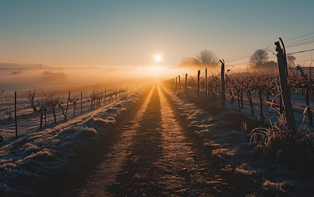 Mañanas de invierno en campos y viñedos con el sol surgiendo de sus cenizas