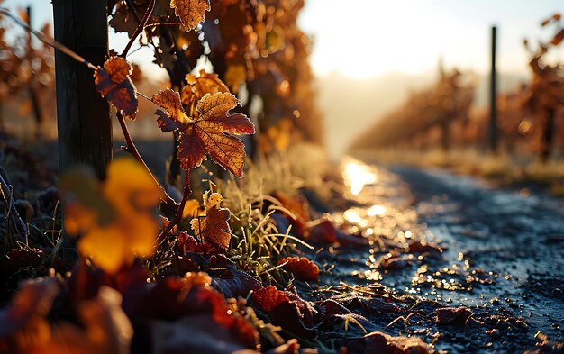 Mañanas de invierno en campos y viñedos con el sol surgiendo de sus cenizas