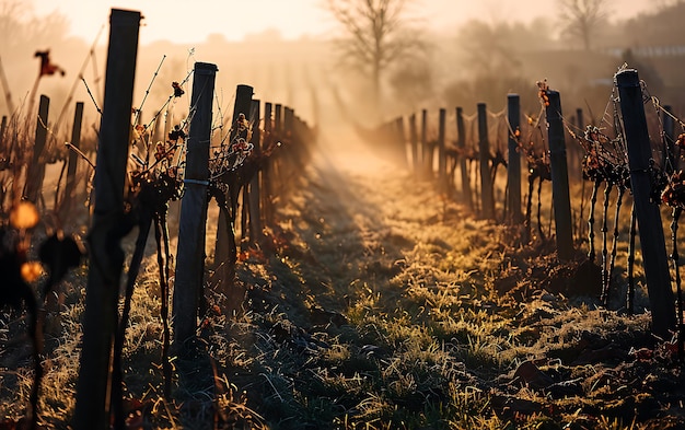 Mañanas de invierno en campos y viñedos con el sol surgiendo de sus cenizas