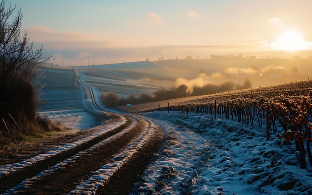 Mañanas de invierno en campos y viñedos con el sol surgiendo de sus cenizas