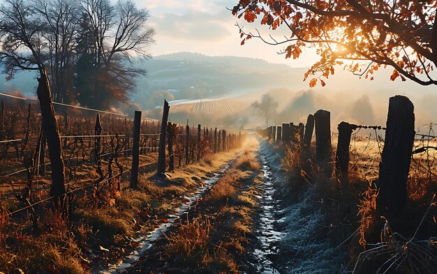 Mañanas de invierno en campos y viñedos con el sol surgiendo de sus cenizas