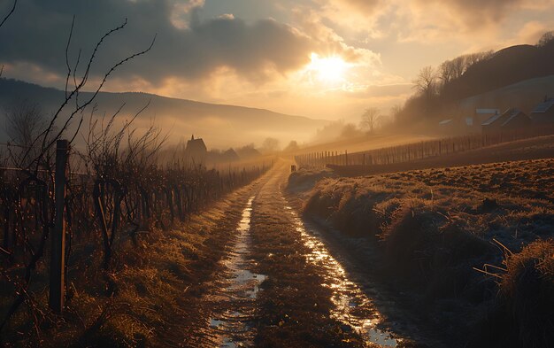 Mañanas de invierno en campos y viñedos con el sol surgiendo de sus cenizas