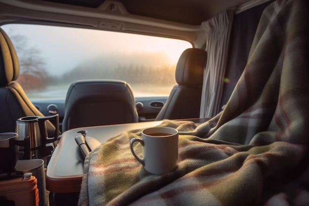 Mañanas lentas en movimiento Disfrutar de un café en una autocaravana