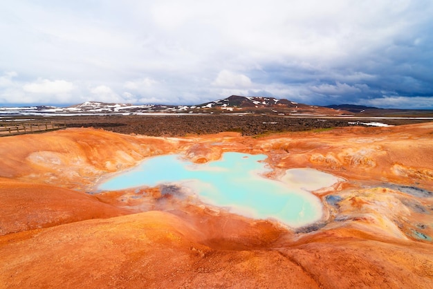 Manantiales de azufre en la ladera de una colina de arcilla en la región volcánica de Islandia