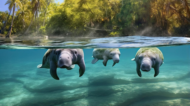 Manatees gentis deslizando pelas águas claras de uma lagoa tropical sua presença pacífica