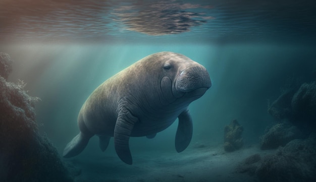 Un manatí está flotando en el agua.