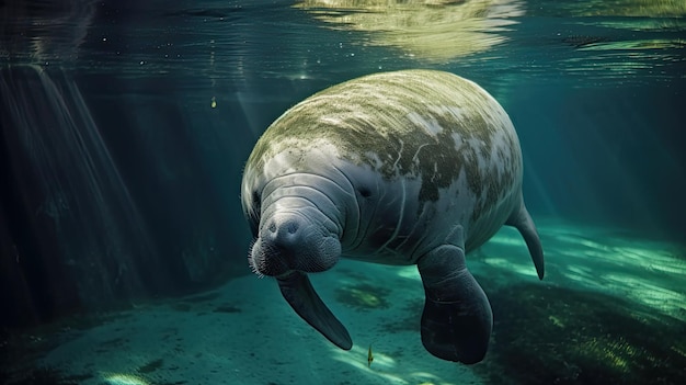 Un manatí nada bajo el agua en el océano.