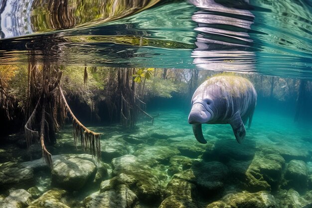 Foto un manatí está nadando en el agua con el sol brillando sobre él