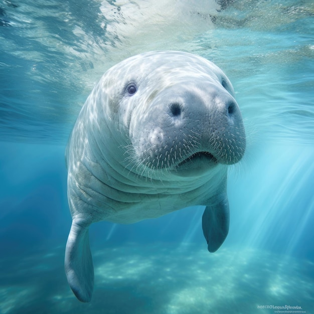 Un manatí pacífico nadando en aguas azules claras