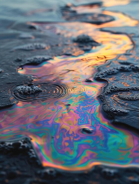 Foto mancha de óleo em superfície aquática em close-up tons iridescentes destacados contra um fundo escuro para efeito dramático