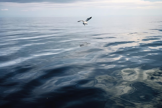 Mancha de óleo na água calma do oceano com gaivota em voo criada com generative ai