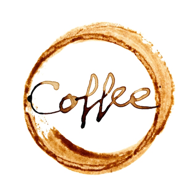 Mancha de xícara de café com letras isoladas no fundo branco