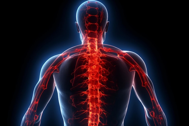 Mancha vermelha destaca dor na coluna de homem com dor nas costas e lesão lombar