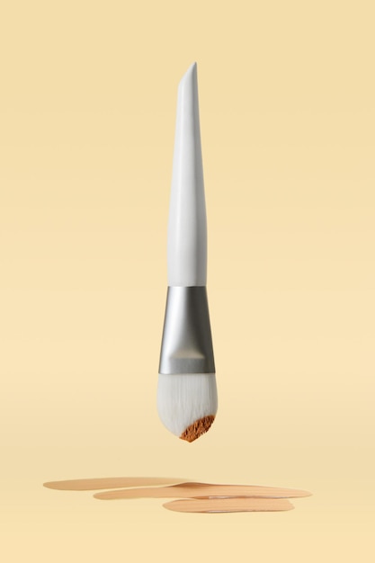 Manchas de base y corrector con un cepillo profesional blanco sobre un fondo beige cerrado