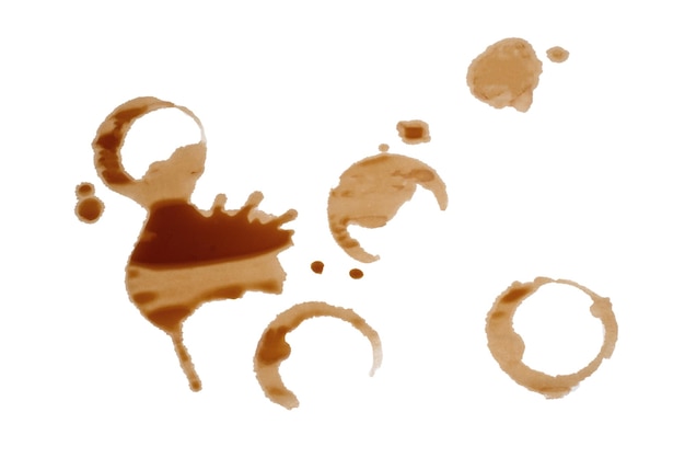 Manchas de café aisladas en un fondo blanco Vista superior