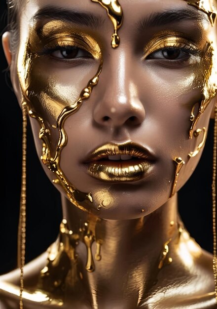 Manchas de tinta dourada escorregam do rosto, lábios e mãos. Líquido dourado cai sobre a bela modelo.