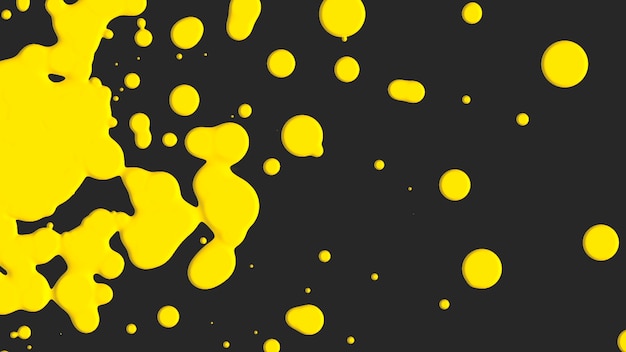 Manchas líquidas amarillas abstractas de movimiento, fondo negro del chapoteo. Estilo de ilustración 3d elegante y de lujo para plantilla moderna y hipster