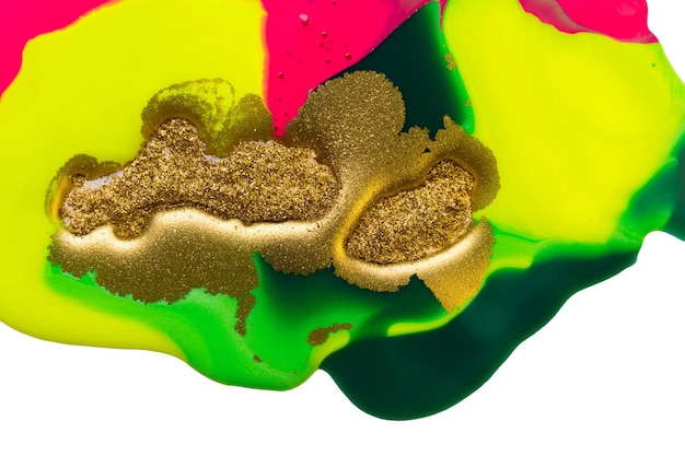 Manchas de oro en la impresión abstracta de fondo de pinturas vívidas de flujo