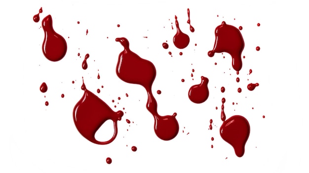 Manchas de sangre Manchas y salpicaduras de líquido rojo sobre un fondo blanco Manchas y gotas de tinta roja