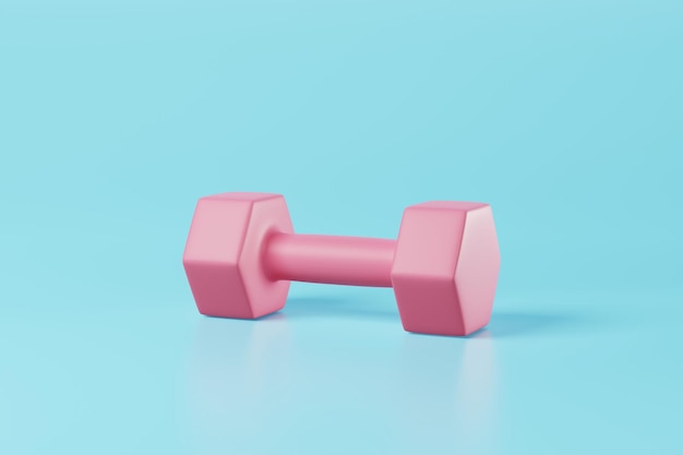 Mancuerna rosa mínima sobre fondo azul Actividad de entrenamiento con pesas Ejercicio de culturismo Gimnasio diario y dieta de fitness para el deporte de salud pesado para el concepto de equipo de construcción muscular Representación 3d