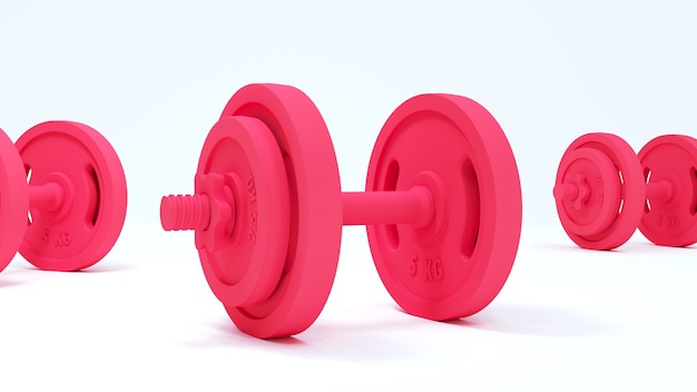 Mancuernas de fitness rojo sobre un fondo blanco. el concepto de un estilo de vida saludable. Representación 3d