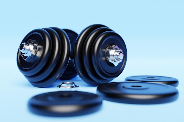 Mancuernas de hierro negro con placas desmontadas sobre fondo azul aislado renderizado 3D