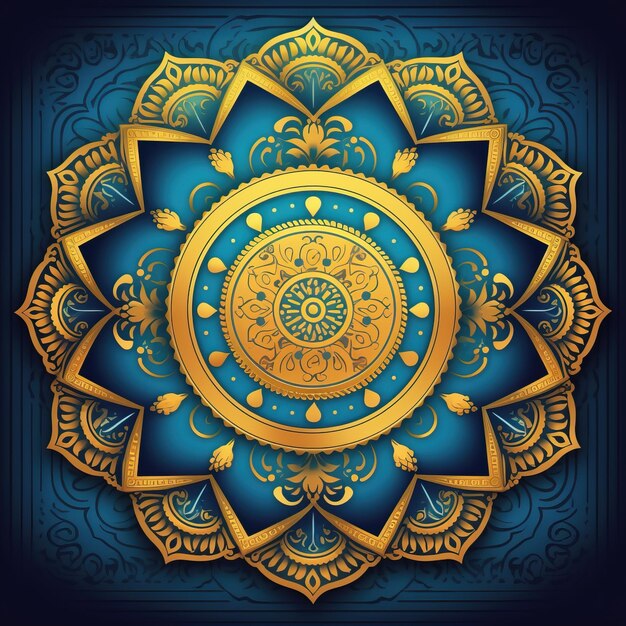 Foto un mandala amarillo y azul con un círculo dorado en la parte superior