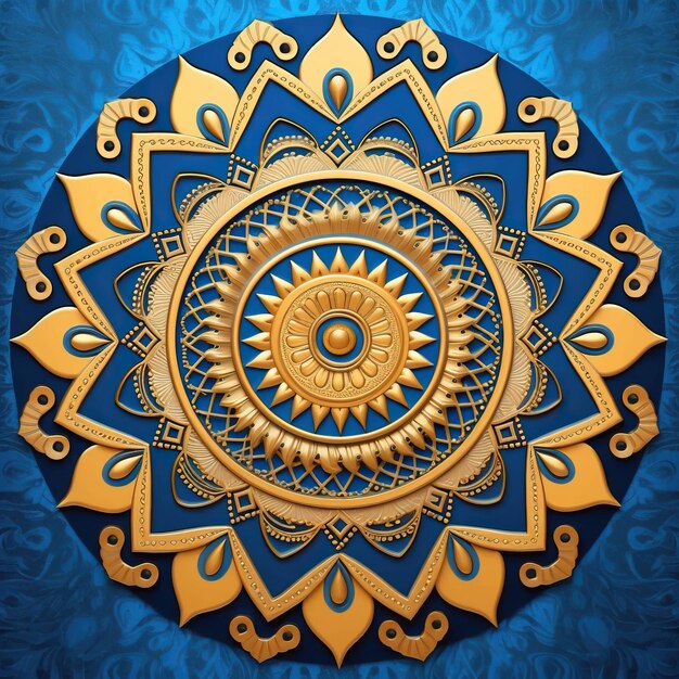 un mandala amarillo y azul con un fondo azul con un diseño que dice "el sol"