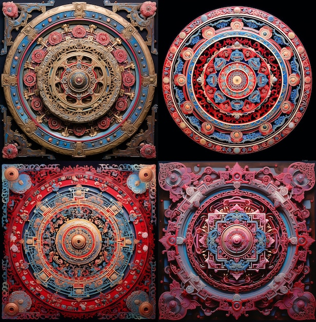 Mandala Arte Rojo Y Azul Meditación Budista Oración Budista Medalli