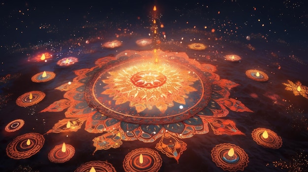 Mandala aus Kerzen und Feuer in der Nacht für Diwali