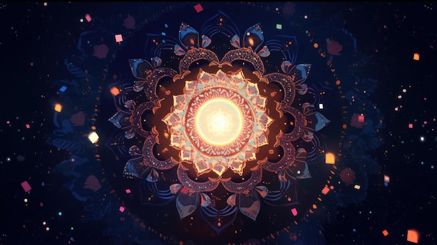 Mandala aus Kerzen und Feuer in der Nacht für Diwali