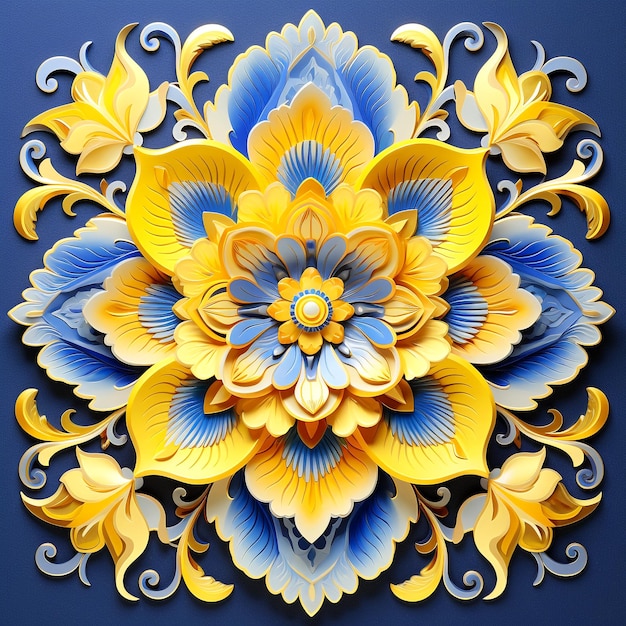 Mandala de colores vívidos de amarillo y azul en un fondo floral