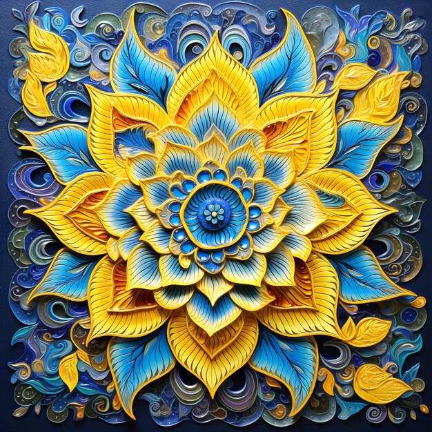 Mandala de colores vívidos de amarillo y azul en un fondo floral