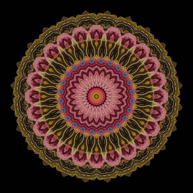 Un mandala colorido con colores dorado y rosa.