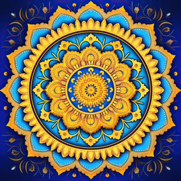 un mandala colorido y colorido con una flor amarilla en el medio