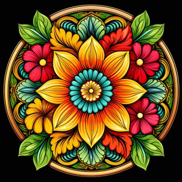 mandala colorido con flores y hojas sobre un fondo negro