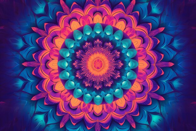 Un mandala colorido con un fondo azul y un fondo morado.