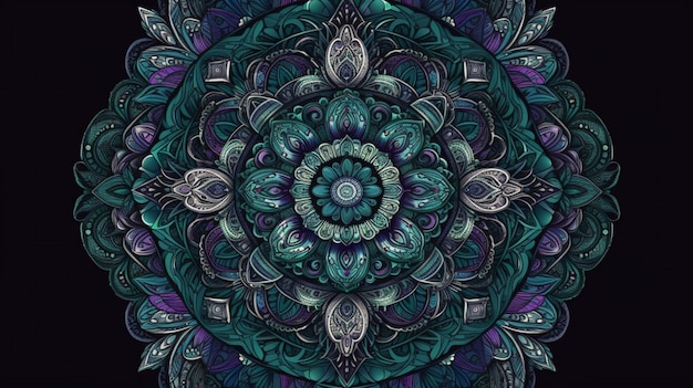 Un mandala colorido con un patrón de flores y hojas.