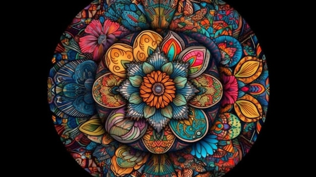 Un mandala colorido con un patrón de flores.