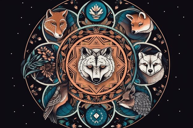 Mandala com geometria sagrada e ilustrações de animais