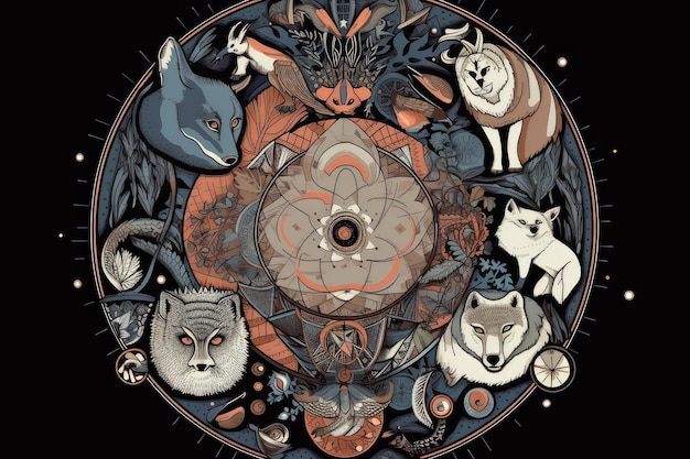 Mandala com geometria sagrada e ilustrações de animais