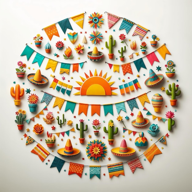 Mandala de chapéu de palha com cactos e bandeiras coloridas festividade gerada pela IA