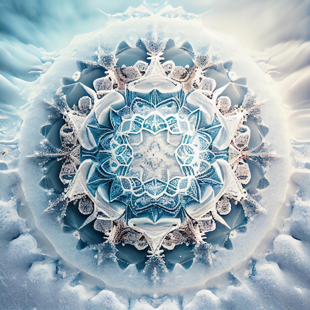 Mandala de fantasia feita de gelo na neve 3d render