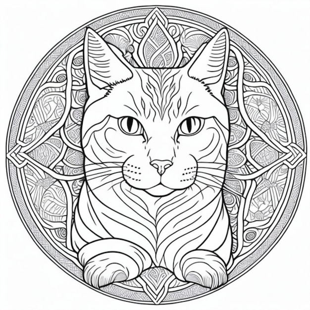 Foto mandala de gato desenho de gato para pintar linhas pretas gato mandala para pintar e imprimir