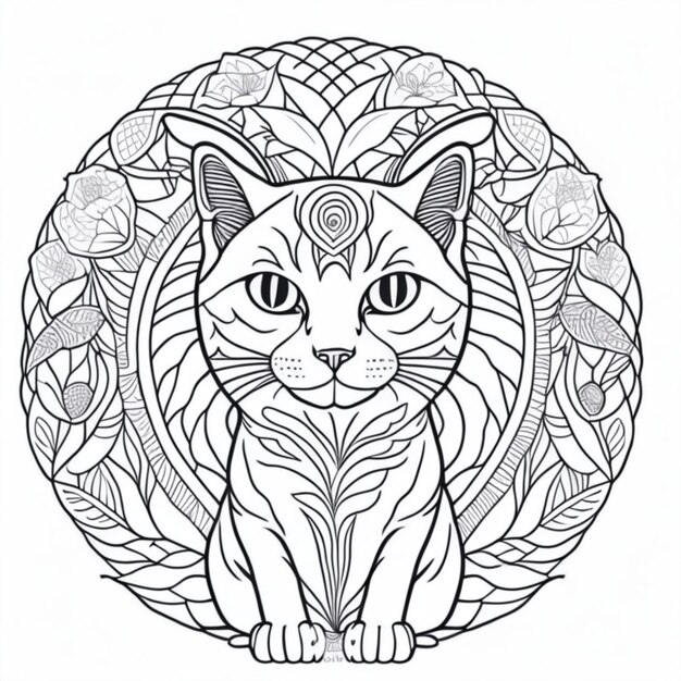 Foto mandala de gato desenho de gato para pintar linhas pretas gato mandala para pintar e imprimir